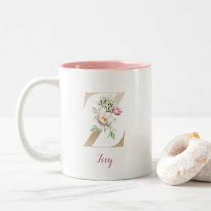 Gold Letter Z, Monogram Z, Pink Floral Gift Her  Two-Tone Coffee Mug