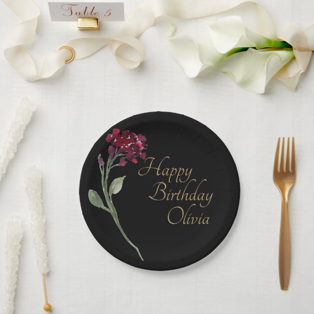 Gold Lettering Floral Elegant Watercolor Birthday Paper Plate (Wedding)
