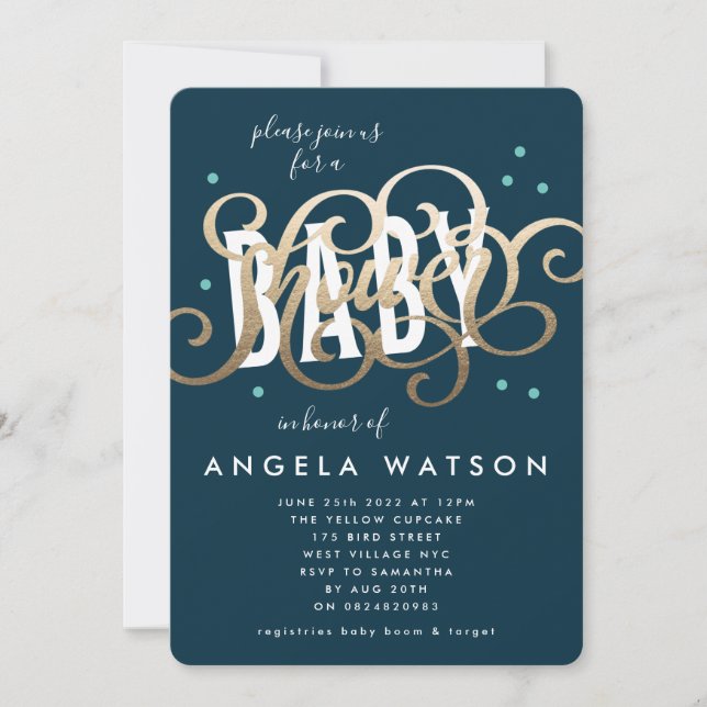 Gold Lettering Navy Boy Baby Shower Invitation (Front)