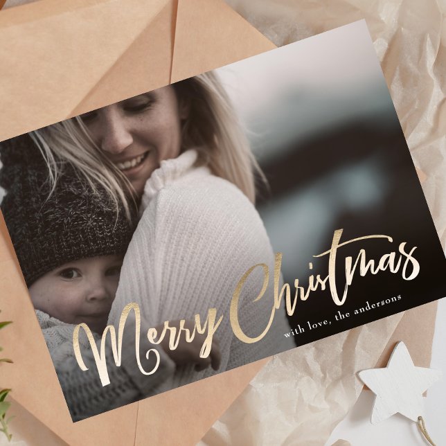 Gold Lettering Overlay Merry Christmas Photo Card (Creator Uploaded)