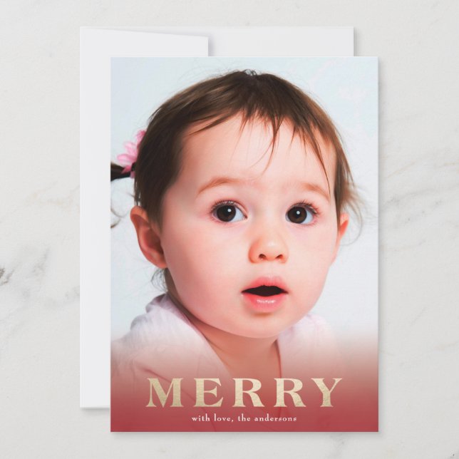 Gold Lettering Red Overlay Bold MERRY Photo Card (Front)