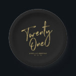 Gold Lettering Twenty one 21st birthday Party Pape Paper Plate<br><div class="desc">This custom paper plate will add stylish detail to the modern gold 21st birthday. This design features simple chic lettering "Twenty One" with custom text. Matching invitations and party supplies are available in my shop BaraBomDesign.</div>