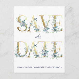 Gold Letters Blue Watercolor Flowers Announcement Postcard