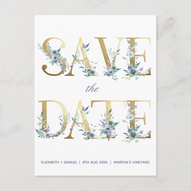 Gold Letters Blue Watercolor Flowers Announcement Postcard (Front)
