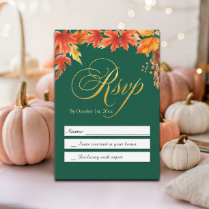Gold Letters Fall Floral Maple Leaves Wedding RSVP