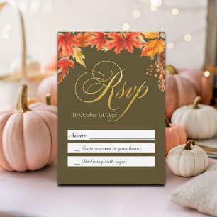 Gold Letters Fall Floral Maple Leaves Wedding RSVP