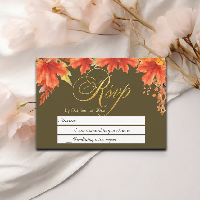 Gold Letters Fall Floral Maple Leaves Wedding RSVP Card (Creator Uploaded)