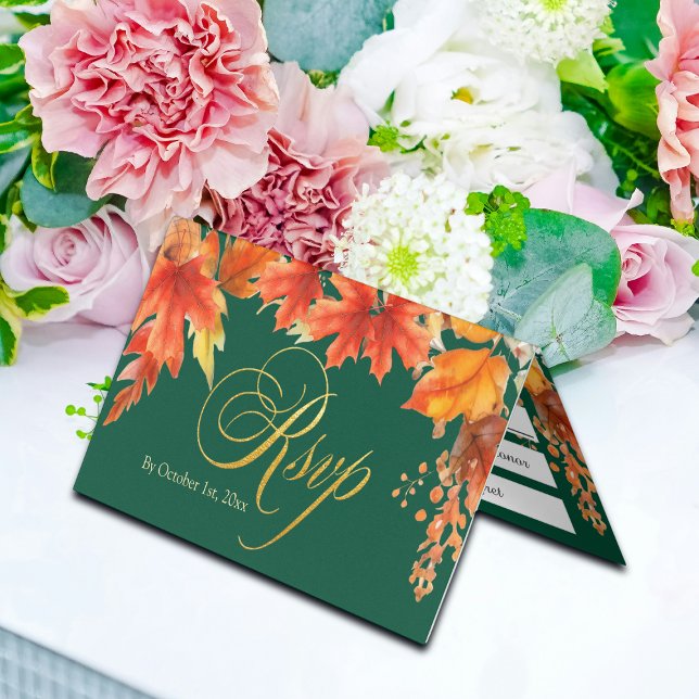 Gold Letters Fall Maple Leaves Wedding RSVP Card (Creator Uploaded)
