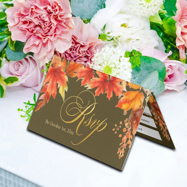 Gold Letters Fall Maple Leaves Wedding RSVP Card (Creator Uploaded)
