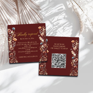 Gold Letters Wildflowers QR Code Wedding RSVP Card