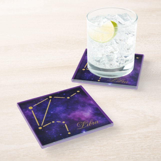Gold Libra Constellation on Dark Galaxy | Glass Coaster (Angled)