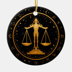 Gold Libra Zodiac Scales Ceramic Tree Decoration