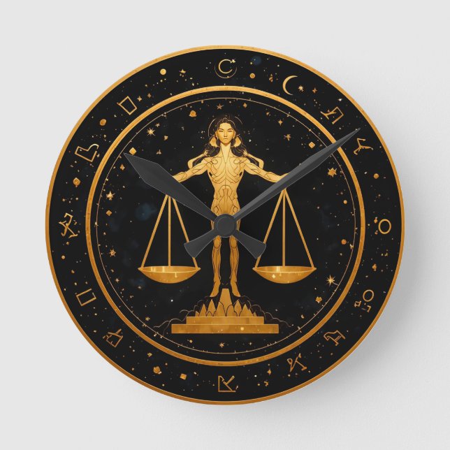 Gold Libra Zodiac Scales Round Clock (Front)