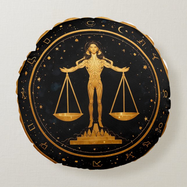 Gold Libra Zodiac Scales Round Cushion (Front)