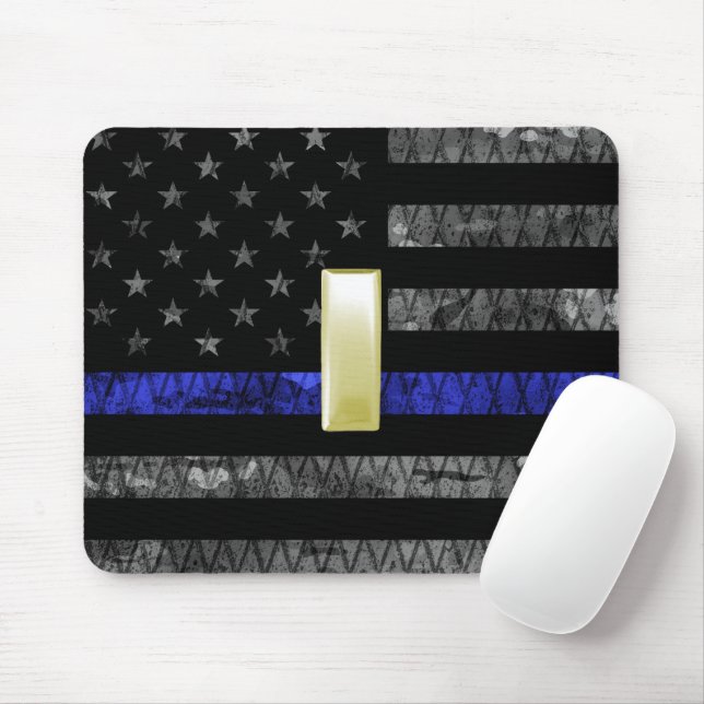 (Gold) Lieutenant Thin Blue Line Distressed Flag Mouse Mat (With Mouse)