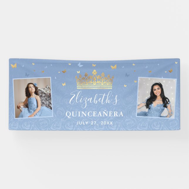 Gold Light Baby Blue Photo Birthday Quinceanera Banner (Horizontal)