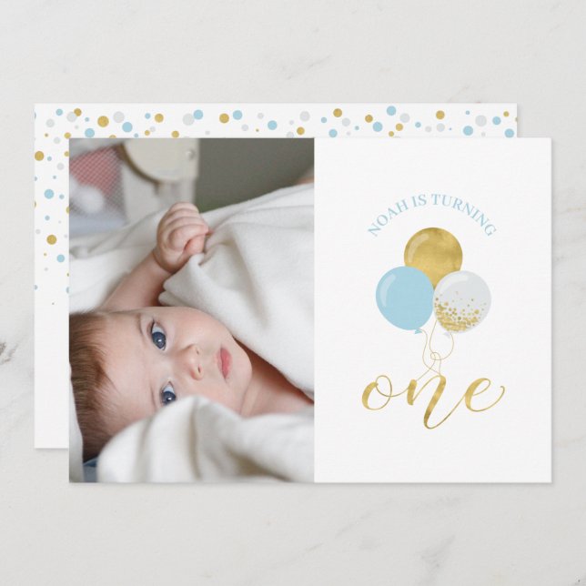 Gold & Light Blue Balloons Boy 1st Birthday Party Invitation (Front/Back)