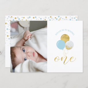 Gold & Light Blue Balloons Boy 1st Birthday Party Invitation