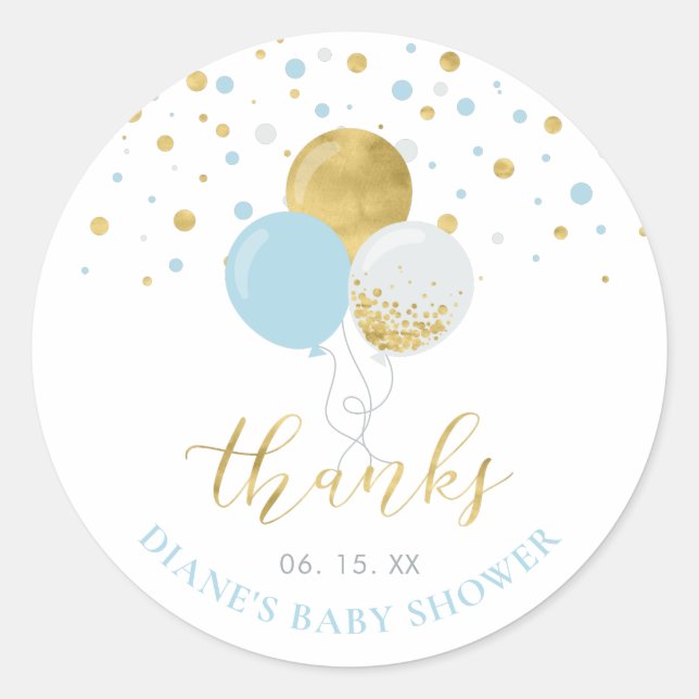 Gold & Light Blue Balloons | Party Favour Thank yo Classic Round Sticker (Front)