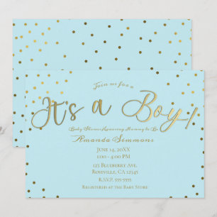 Gold & Light Blue Modern It's a Boy Baby Shower Invitation