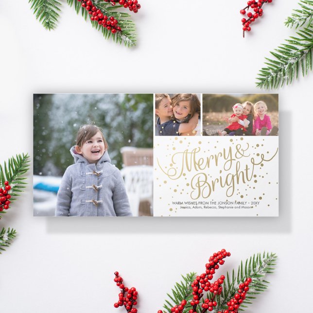 Gold Light Merry Bright Collage 3 Photo Card White (Creator Uploaded)