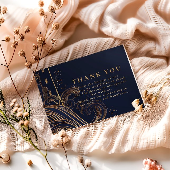 Gold Lighthouse Night Wedding Thank You Card (Creator Uploaded)