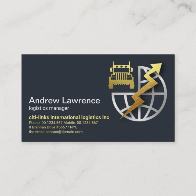 Gold Lightning Silver Globe Logistics CEO Founder Business Card (Front)