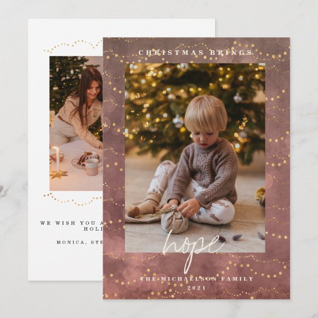 Gold Lights Bokeh Christmas Photo Holiday Card (Front/Back)