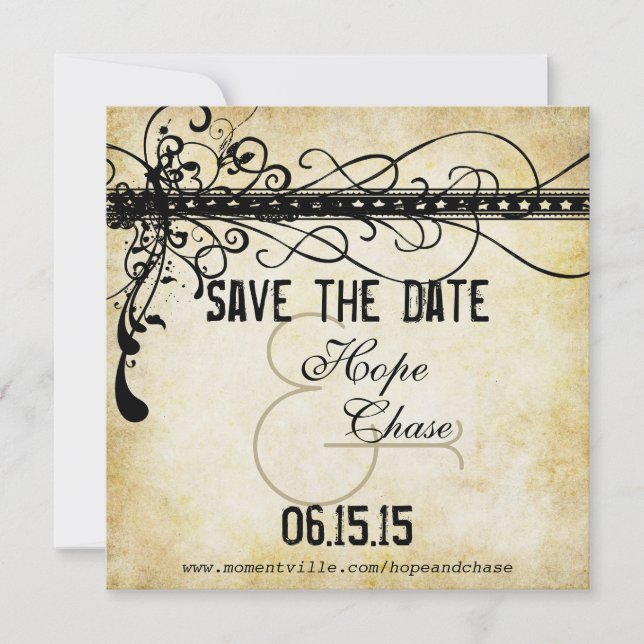 Gold Lights Burnt Black Funky Swirls Save the Date (Front)