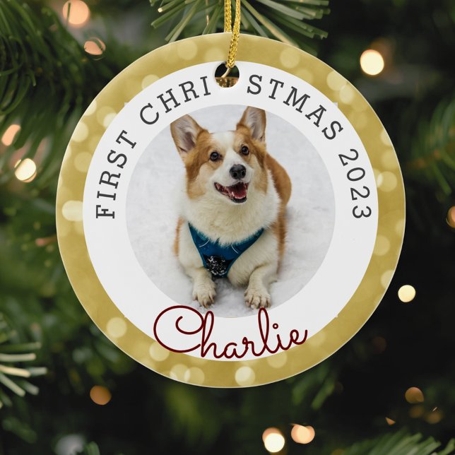 Gold Lights Pet's First Christmas Photo Ceramic Tree Decoration (Creator Uploaded)