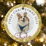 Gold Lights Pet's First Christmas Photo Ceramic Tree Decoration<br><div class="desc">Custom-designed pet's first Christmas photo ornament featuring custom pet's photo and name on gold Christmas lights background.</div>