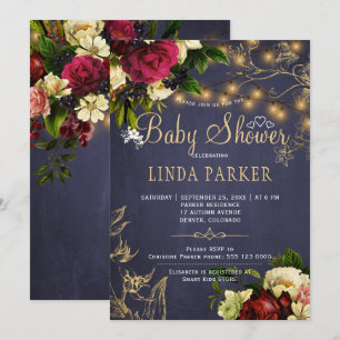 Gold lights winter rustic navy baby shower invitation