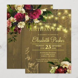 Gold lights wood floral autumn fall birthday party invitation