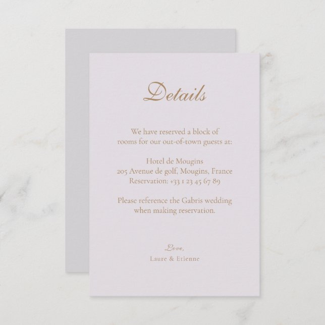Gold Lilac Grey Elegant Wedding Hotel Detail Enclosure Card (Front/Back)