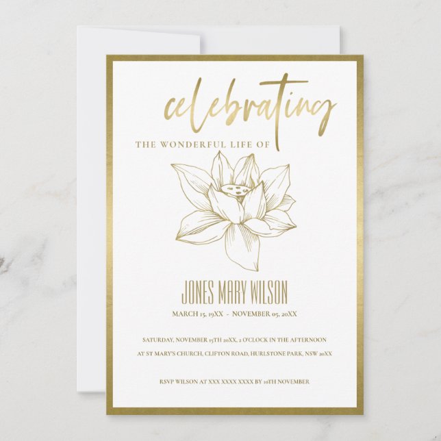 GOLD LILY CELEBRATING LIFE MEMORIAL SERVICE INVITE (Front)
