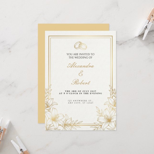 Gold Lily Line Art Wedding Invitation (Front/Back In Situ)