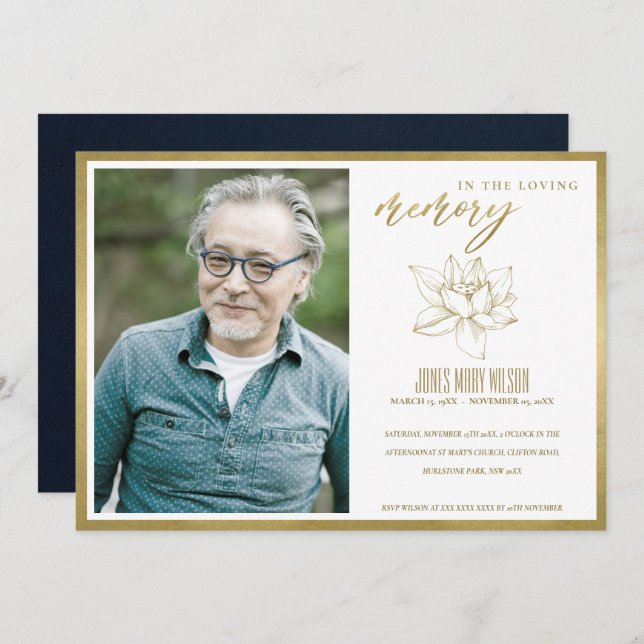 GOLD LILY PHOTO SYMPATHY MEMORIAL SERVICE INVITE (Front/Back)