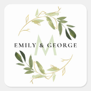GOLD LIME GREEN FOLIAGE MONOGRAM WREATH WEDDING SQUARE STICKER