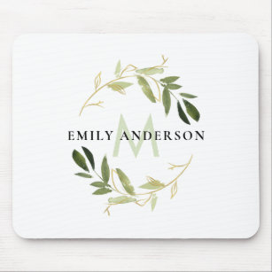GOLD LIME GREEN FOLIAGE WATERCOLOR WREATH MONOGRAM MOUSE MAT