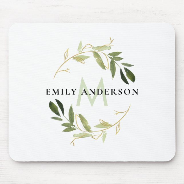 GOLD LIME GREEN FOLIAGE WATERCOLOR WREATH MONOGRAM MOUSE MAT (Front)