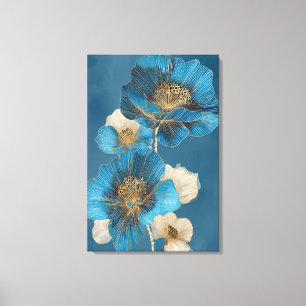 Gold Line Art Blue Botanical Poppy Floral Canvas Print