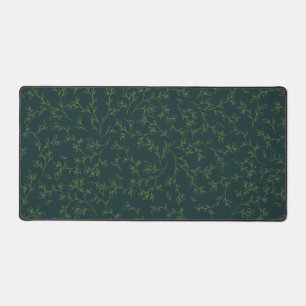 Gold Line Art Botanical Vine Pattern on Dark Green Desk Mat