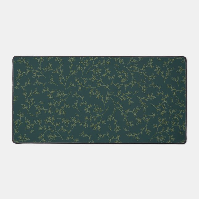 Gold Line Art Botanical Vine Pattern on Dark Green Desk Mat (Front)