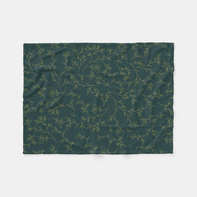 Gold Line Art Botanical Vine Pattern on Dark Green Fleece Blanket (Front (Horizontal))
