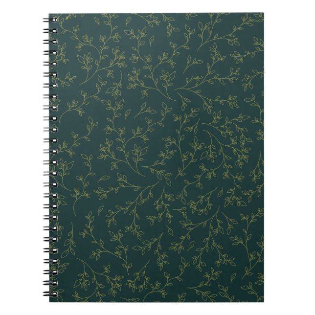Gold Line Art Botanical Vine Pattern on Dark Green Notebook (Front)