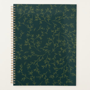 Gold Line Art Botanical Vine Pattern on Dark Green Planner