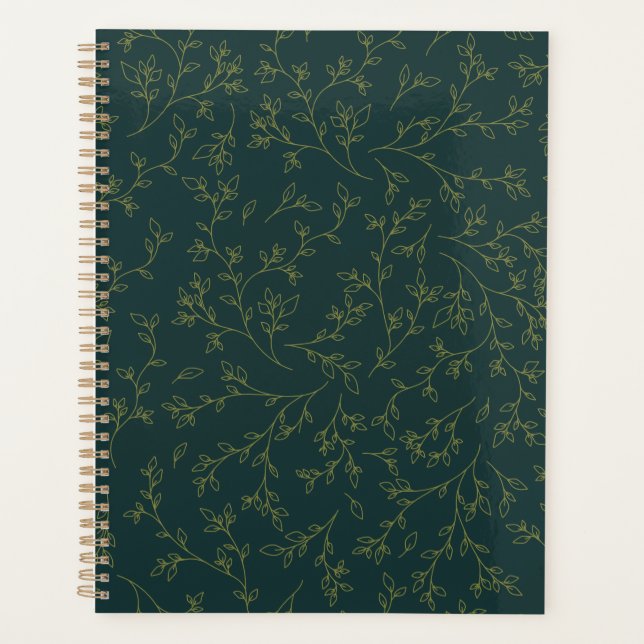 Gold Line Art Botanical Vine Pattern on Dark Green Planner (Front)