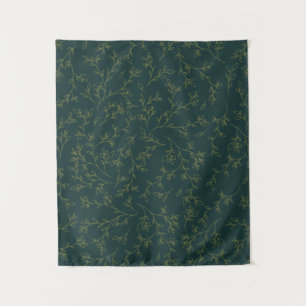 Gold Line Art Botanical Vine Pattern on Dark Green Tapestry