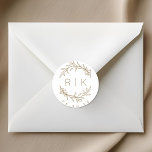 Gold Line Art Botanical Wreath Wedding Monogram Classic Round Sticker<br><div class="desc">Custom-designed wedding monogram stickers featuring elegant hand drawn style brown gold botanical wreath with couple's initials and wedding date. Perfect for wedding save the dates,  envelops,  wedding favour packagings and more.</div>