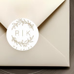 Gold Line Art Botanical Wreath Wedding Monogram Classic Round Sticker<br><div class="desc">Custom-designed wedding monogram stickers featuring elegant hand drawn style brown gold botanical wreath with couple's initials and wedding date. Perfect for wedding save the dates,  envelops,  wedding favour packagings and more.</div>
